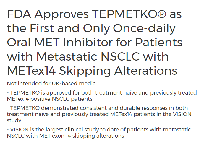 FDA批準(zhǔn)Tepmetko治療METex14突變非小細(xì)胞肺癌