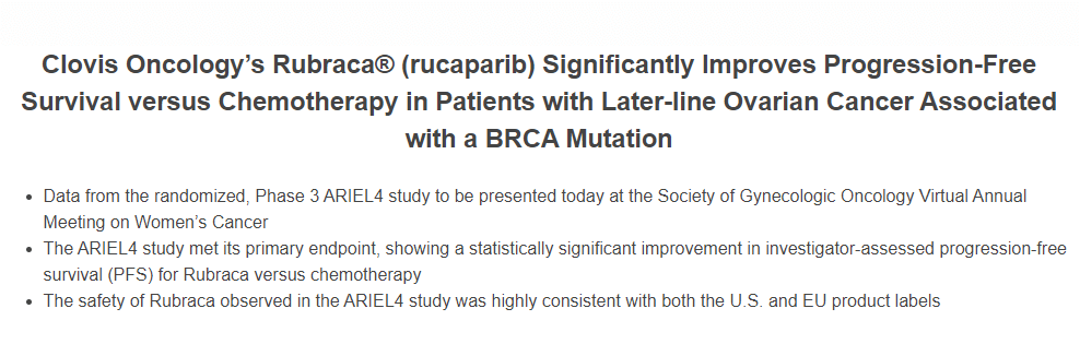 Rubraca治療BRCA突變卵巢癌